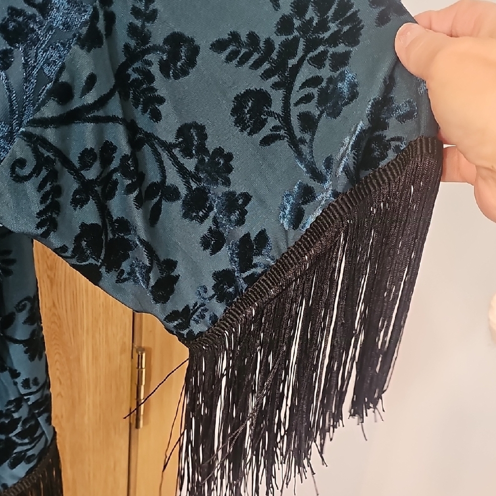 Gypsies & Moondust Blue and Black Floral Cape with Fringe - Picture 5 of 10
